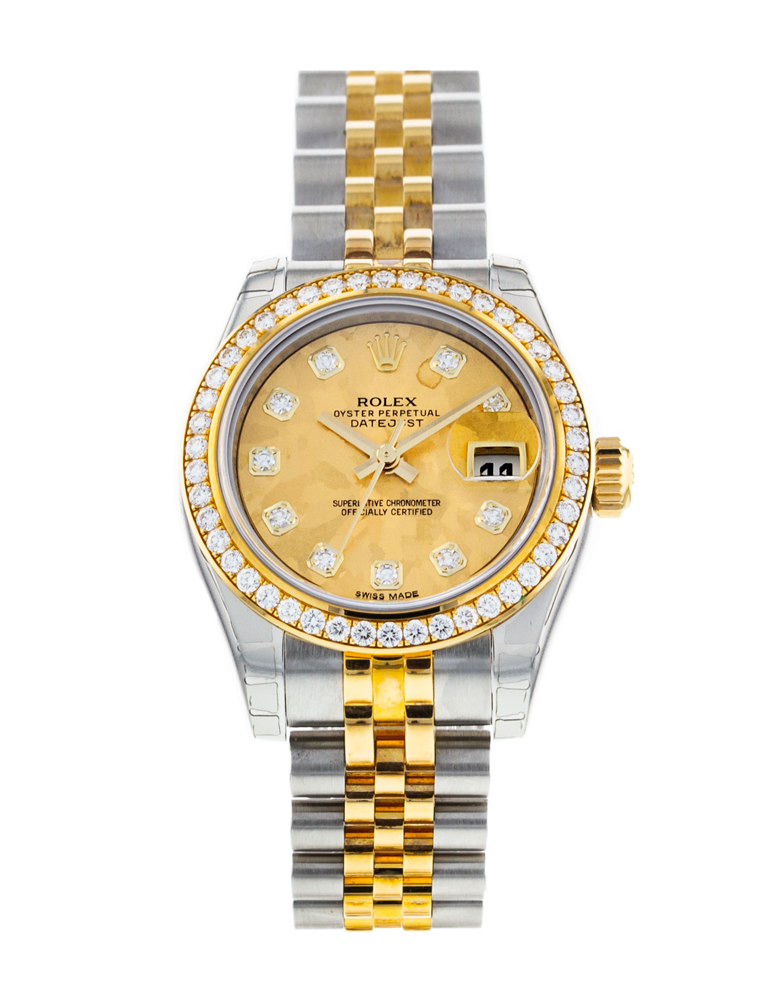 Rolex Datejust Lady 179383 Cadran pour dames en or jaune Matériau du boîtier en diamant Acier Or jaune serti de diamants