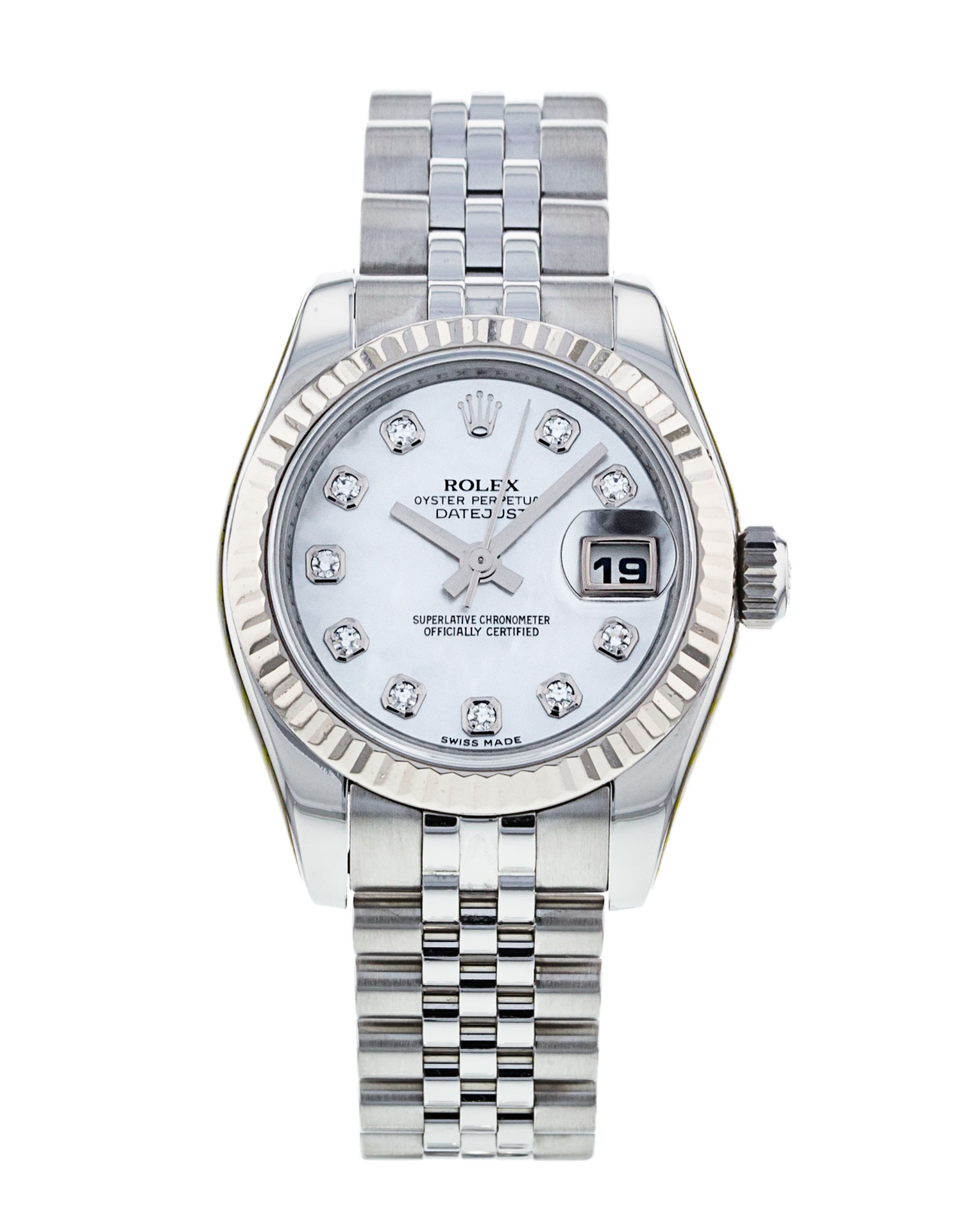 Rolex Datejust Lady 179174 Cadran pour dames en argent nacre - Matériau du boîtier en diamant Acier Or blanc