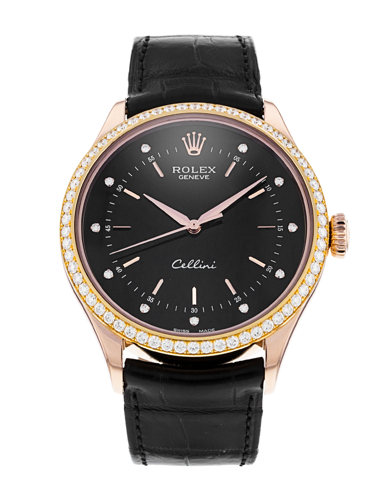 Rolex Cellini 50705 Rbr Cadran pour homme en diamant noir Matériau du boîtier en or rose serti de diamants