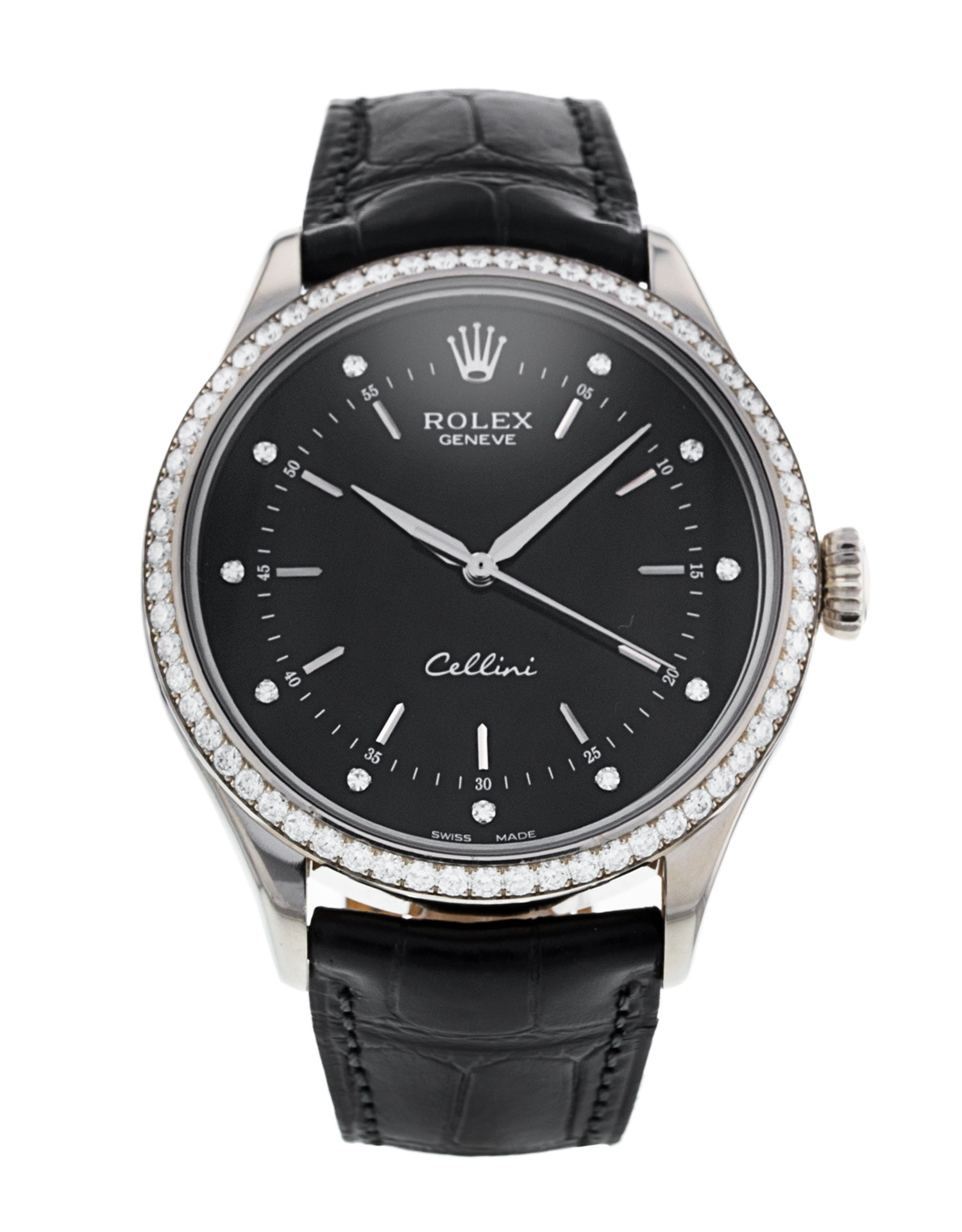 Rolex Cellini 50709rbr Cadran pour homme en diamant noir Matériau du boîtier en or blanc serti de diamants