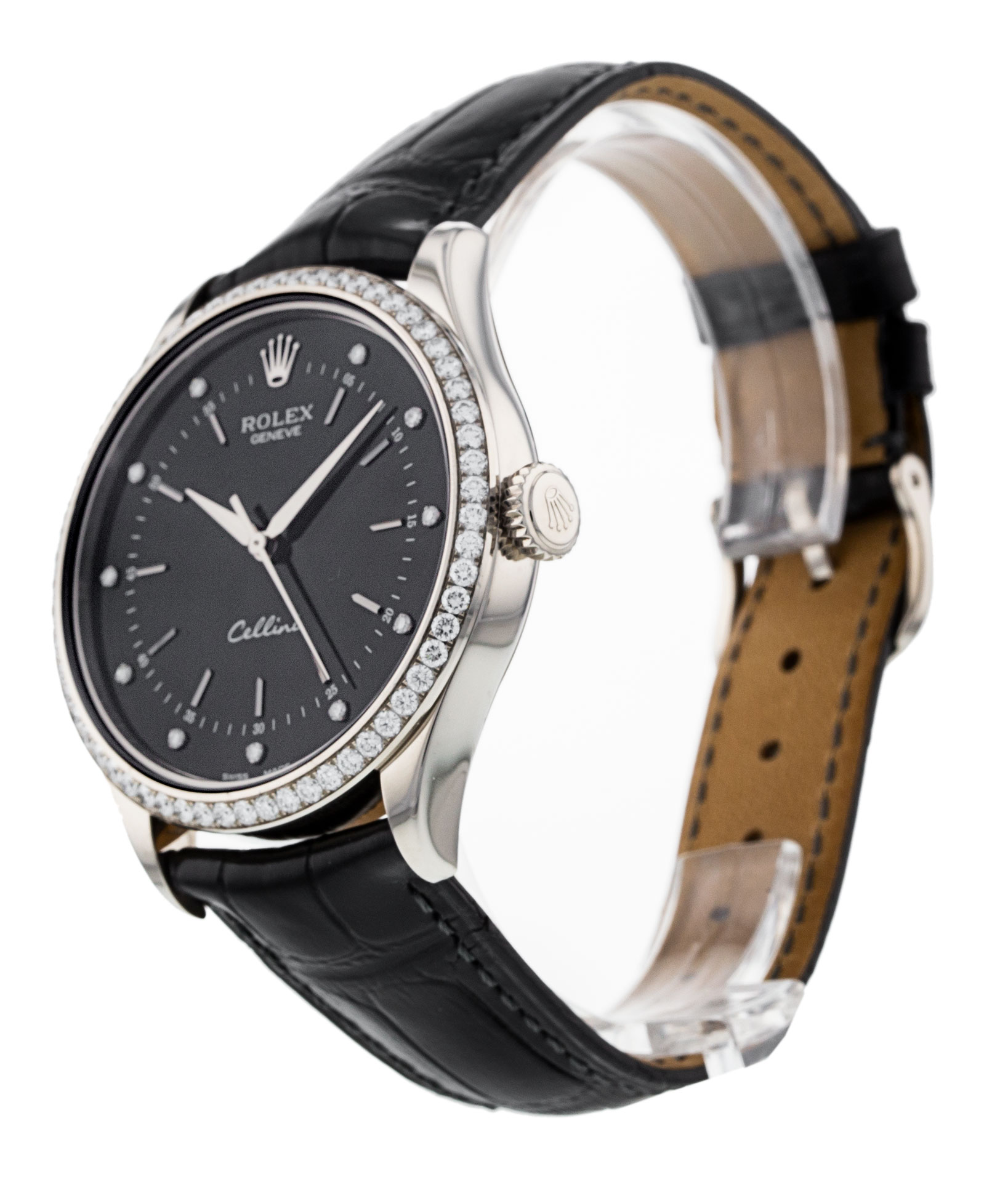 Rolex Cellini 50709rbr Cadran pour homme en diamant noir Matériau du boîtier en or blanc serti de diamants – Image 3