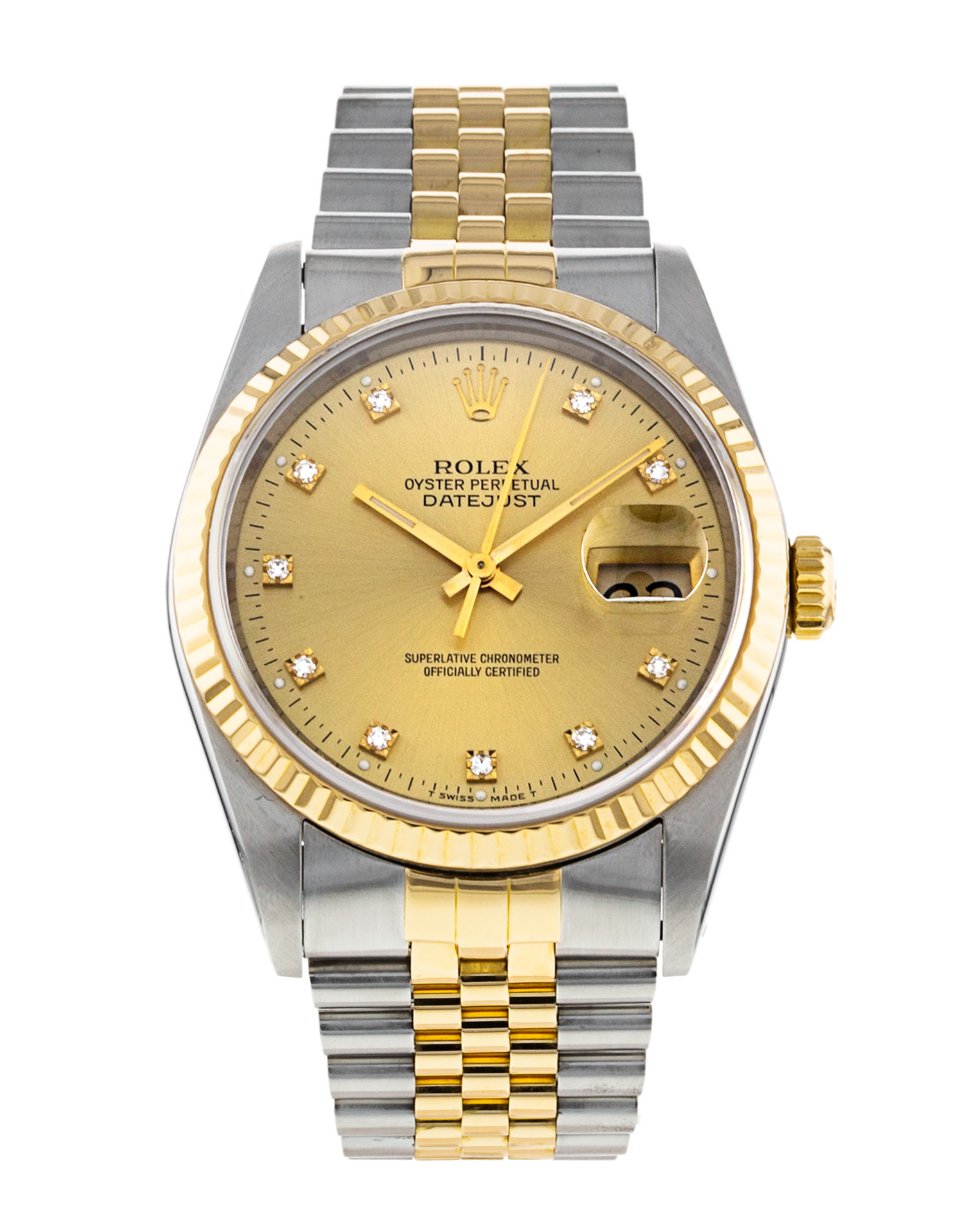 Rolex Datejust 16233 Mens Dial Champagne Diamond Case Matériel Acier Or jaune