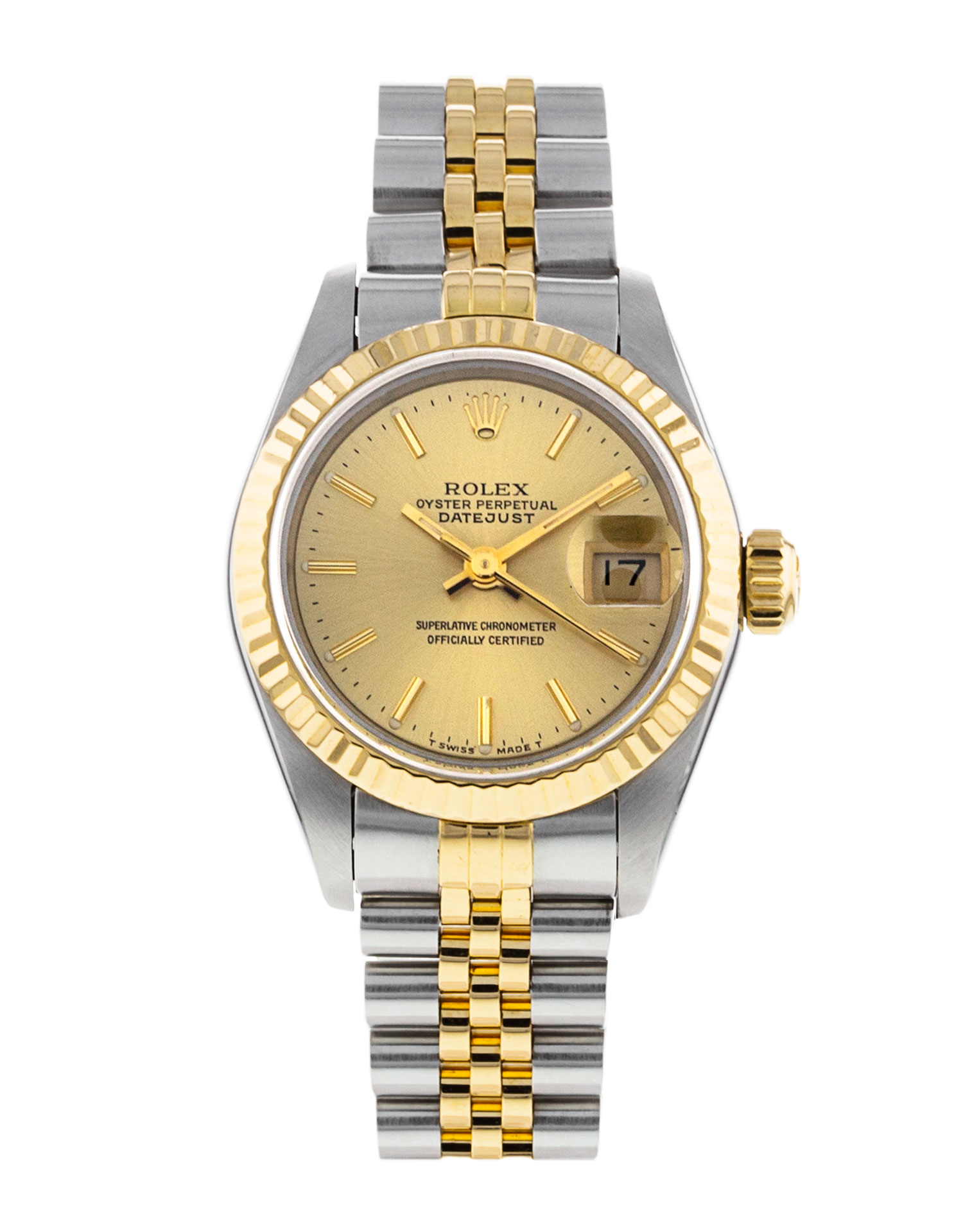 Rolex Datejust Lady 69173 Cadran pour dames Champagne Baton Matériau du boîtier Acier Or jaune