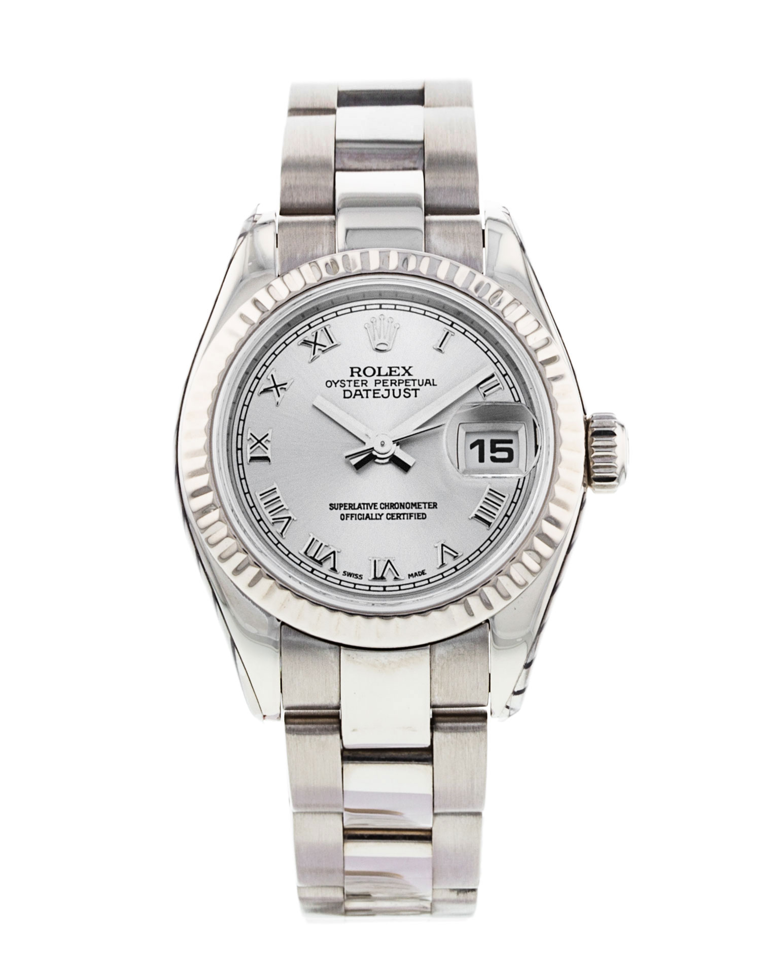 Rolex Datejust Lady 179179 Cadran pour dames en argent avec chiffres romains Matériau du boîtier Or blanc