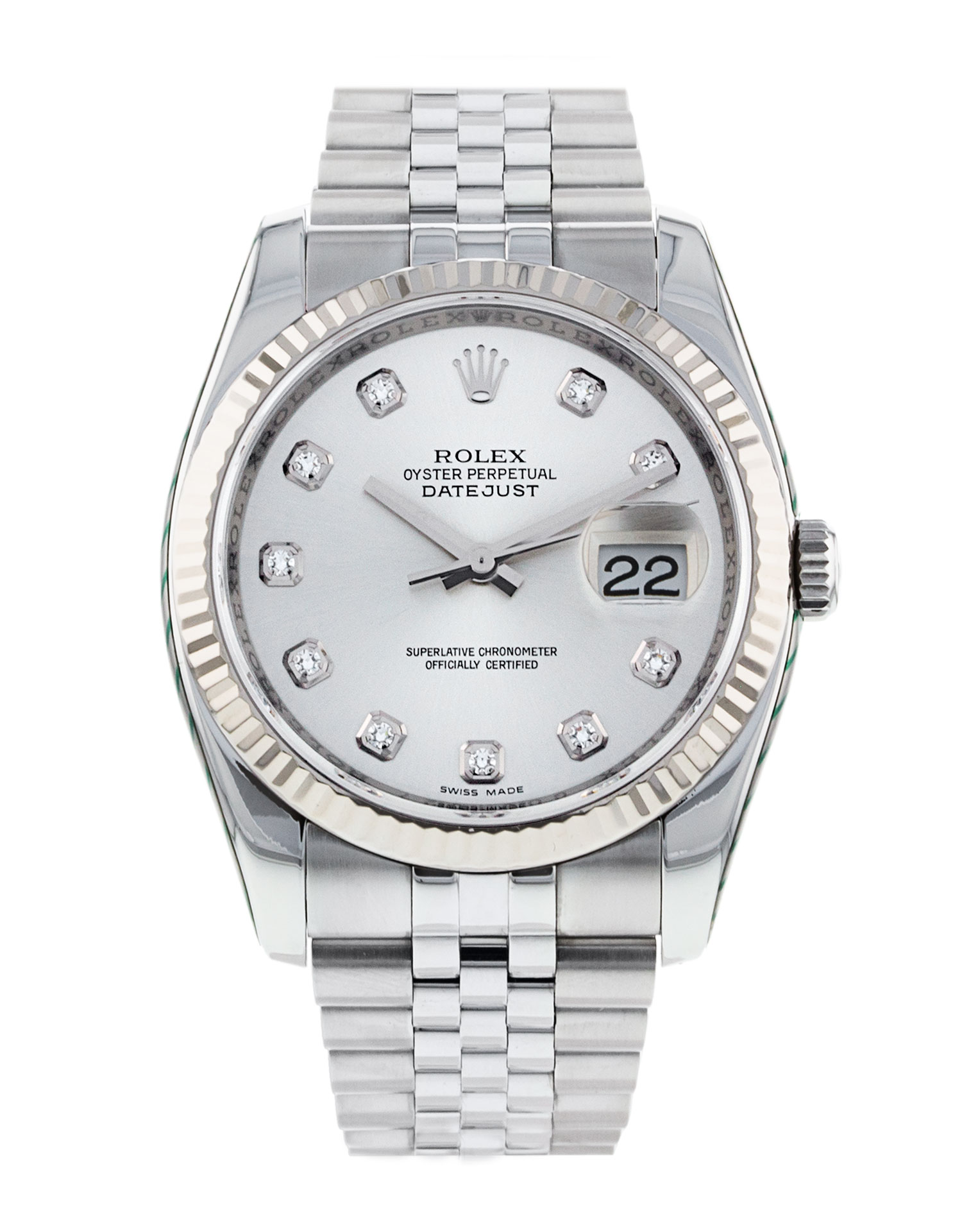 Rolex Datejust 116234 Mens Dial Silver Diamond Case Matériau Acier Or blanc