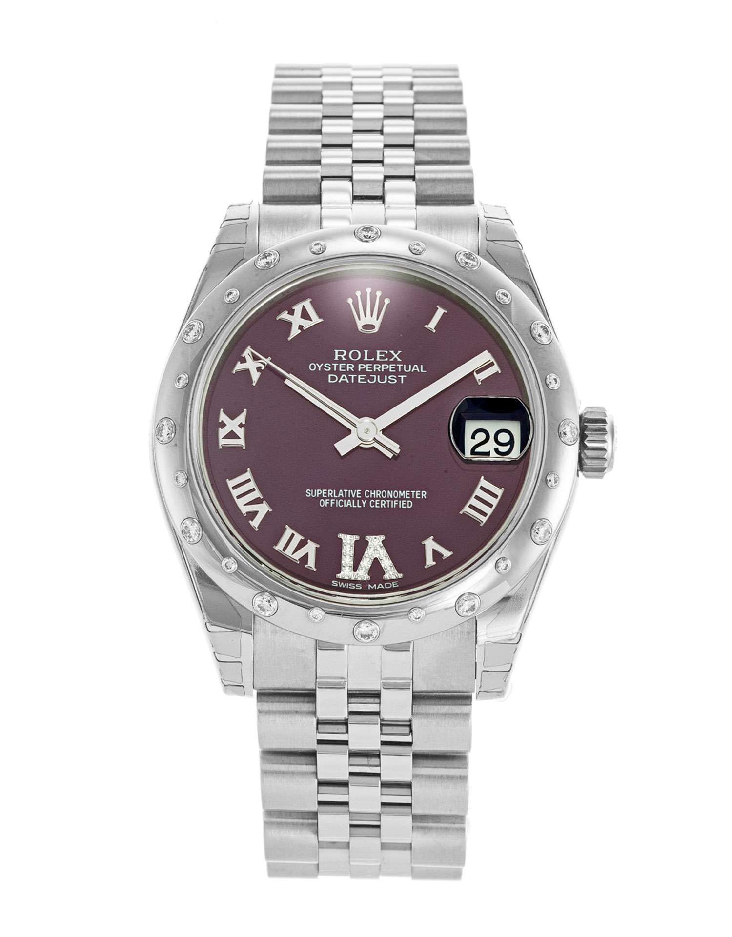 Rolex Datejust Lady 31 178344 Cadran pour dames pourpre Chiffre romain Diamant Matériel Acier Or blanc serti de diamants
