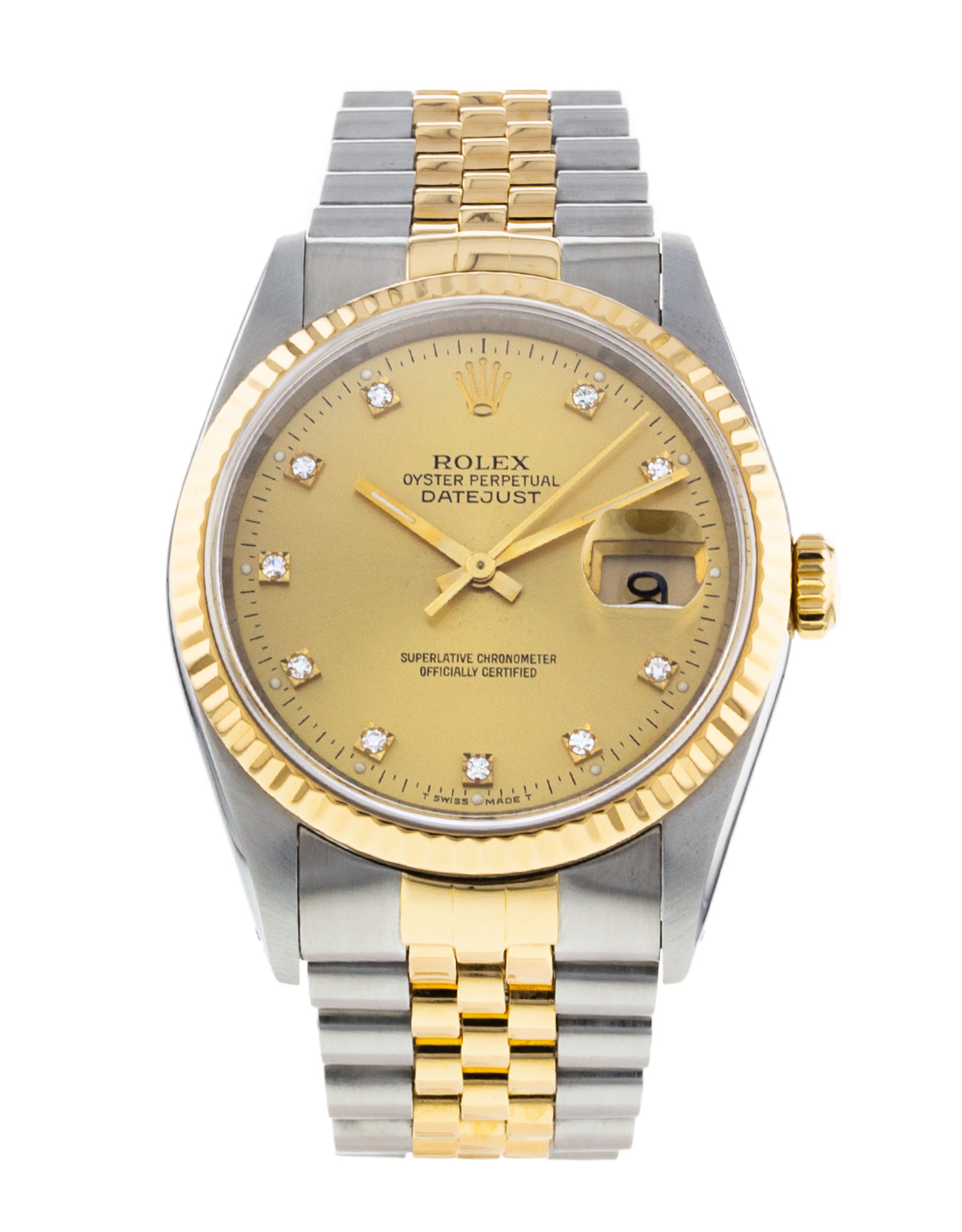 Rolex Datejust 16233 Mens Dial Champagne Diamond Case Matériel Acier Or jaune