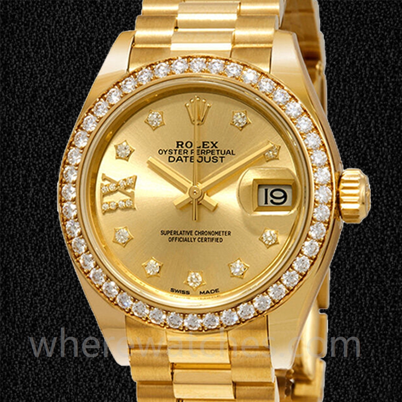 Rolex Datejust m279138rbr-0006 28mm Dames Président Bracelet/Bracelet Jubilé Cadran Diamant Champagne