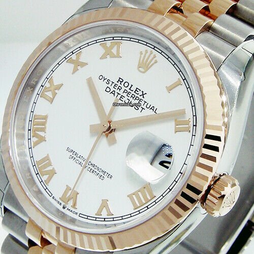 Réplique Rolex Datejust Suisse 36mm Or Everose et Acier Blanc Cadran Romain et Lunette Cannelée 126231