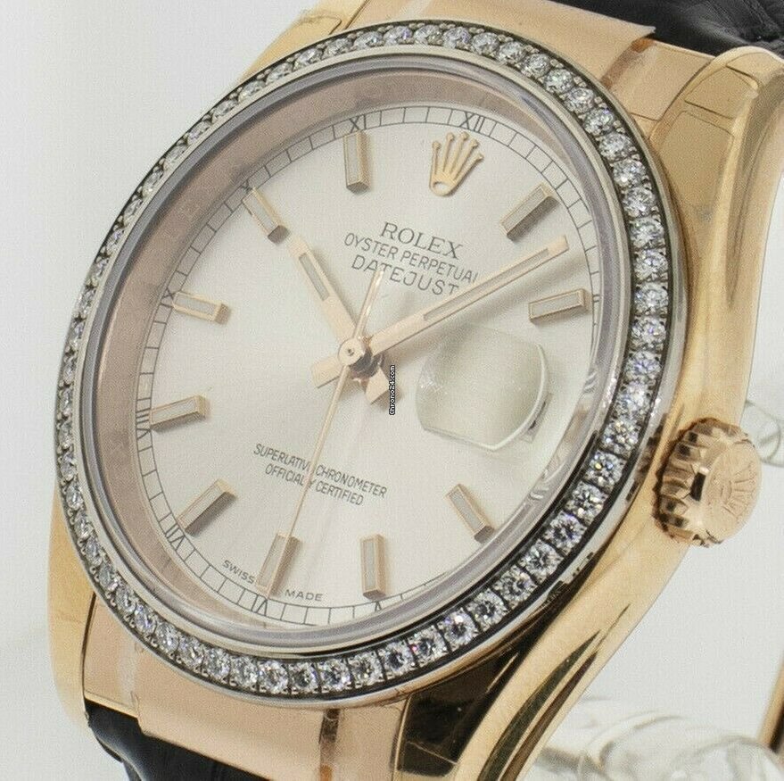 Réplique de qualité Rolex Datejust 36mm Everose Gold Silver Index Dial et Diamond Bezel 116185