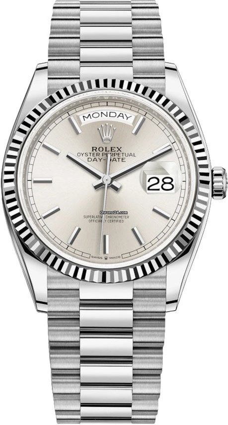 Meilleure Réplique Rolex Day-date 36mm Or Blanc 128239 Index Argent