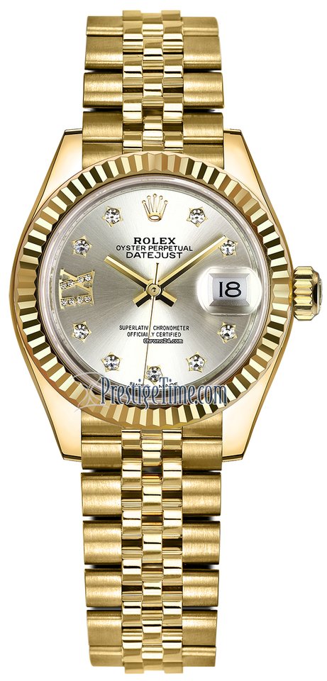 Réplique Suisse Rolex Lady Datejust 28mm Or Jaune 279178 Argent 17 Diamants Jubilee