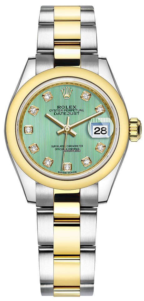 Fausse Montre Rolex Lady Datejust 28 mm en acier et or jaune 279163 Mint Green Diamond Oyster