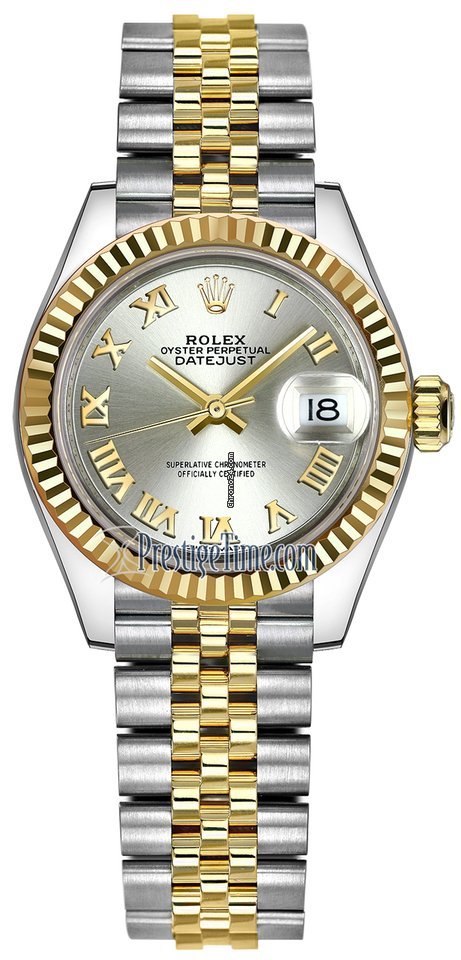 Réplique de luxe Rolex Lady Datejust 28 mm en acier inoxydable et or jaune 279173 jubilé romain d'argent