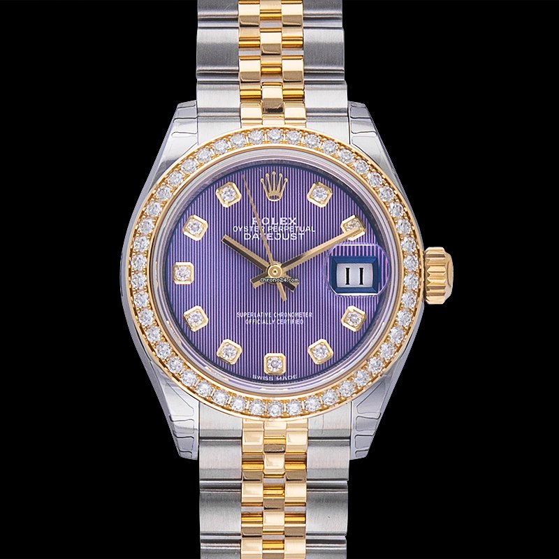 Rolex Lady-datejust Réplique montre pour femme de qualité en acier et or jaune 18 ct automatique avec cadran violet et diamants - 2793