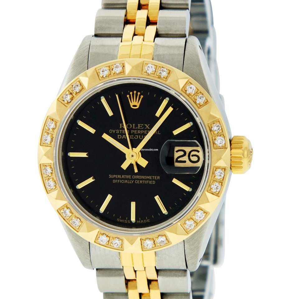 Fausse montre Rolex Datejust Qs pour femme en acier - Cadran noir en or 18 carats avec diamants