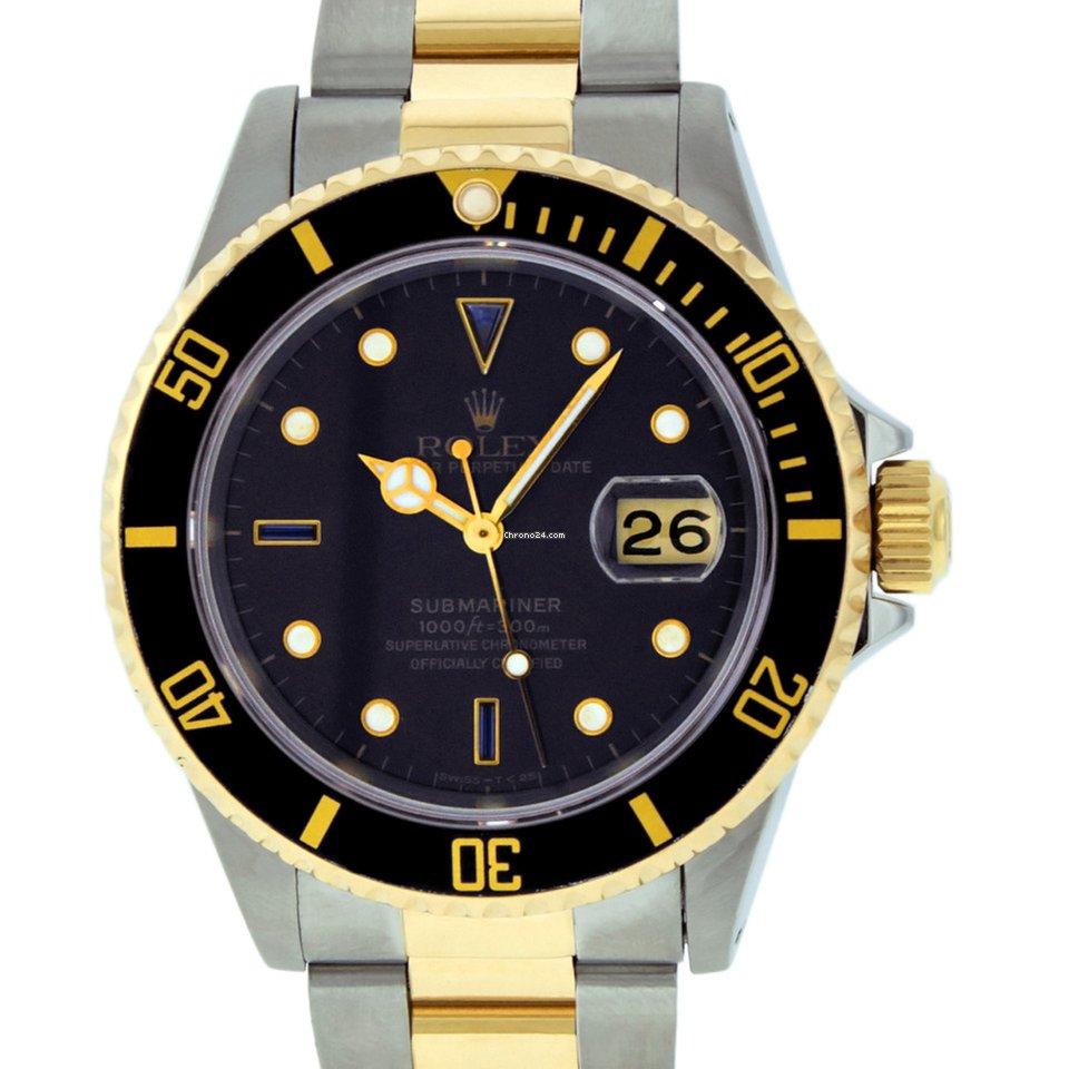 Fausse montre Rolex Submariner 16613 en or jaune 18 carats avec saphir noir SS et diamants