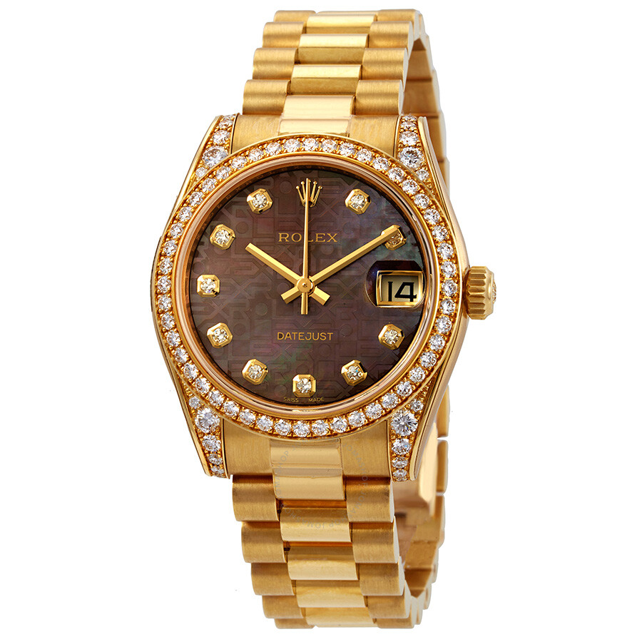 Acheter Faux Rolex Datejust 31 Black Mother Of Pearl Jubilee Diamond Dial Montre pour femme en or jaune 18 carats President 178158bkmjdp