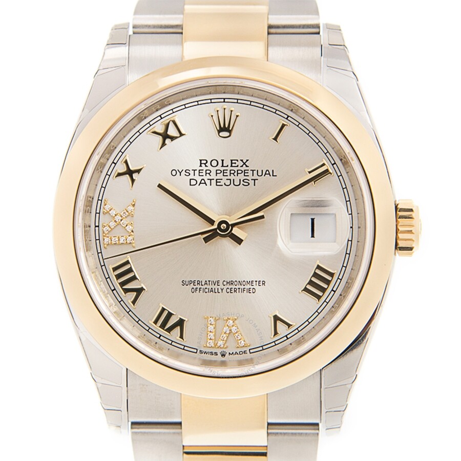 Faux Rolex Datejust 36 Cadran Argent Montre Homme Automatique Diamant Acier Et Or Jaune 18K Oyster 126203srdo
