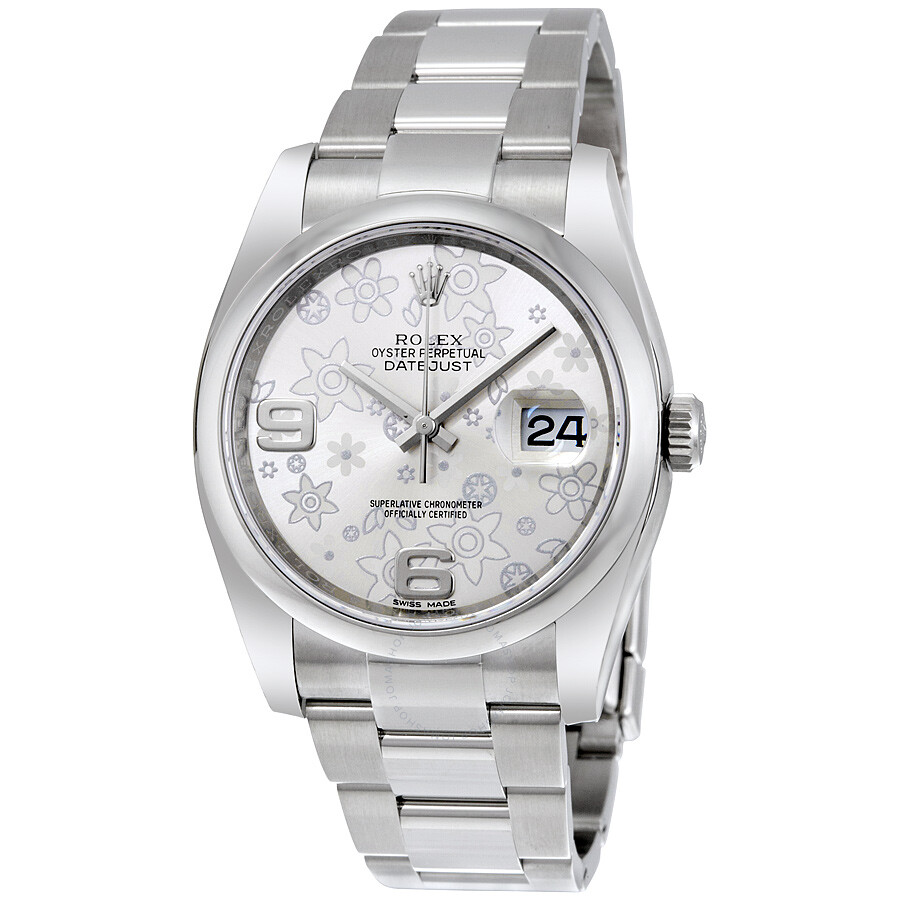 Réplique de luxe Rolex Datejust 36 Argent Floral Dial Bracelet en acier inoxydable Montre automatique pour femme 116200sfao