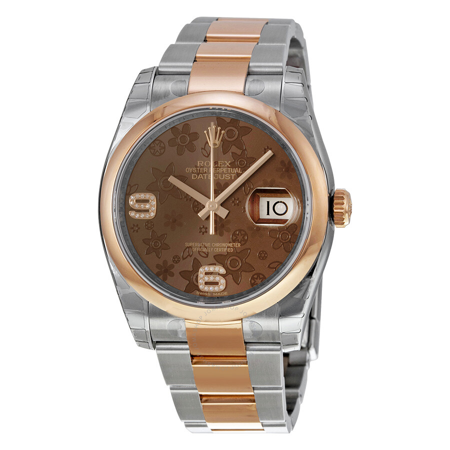 Réplique Suisse Rolex Oyster Perpetual Datejust 36 Cadran Marron Floral En Acier Inoxydable Et Bracelet En Or Everose 18K Automatique Montre Femme 116201brfdao