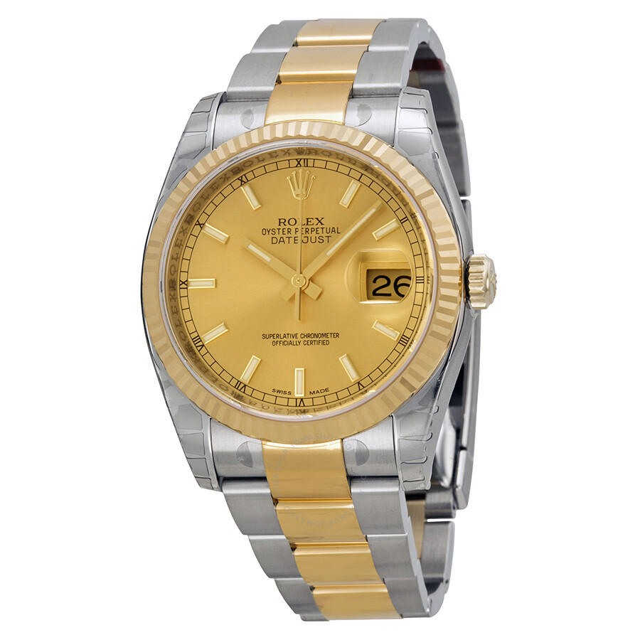 Faux Rolex Oyster Perpetual Datejust 36 cadran champagne en acier inoxydable et bracelet en or jaune 18 carats automatique montre pour homme 116233cso