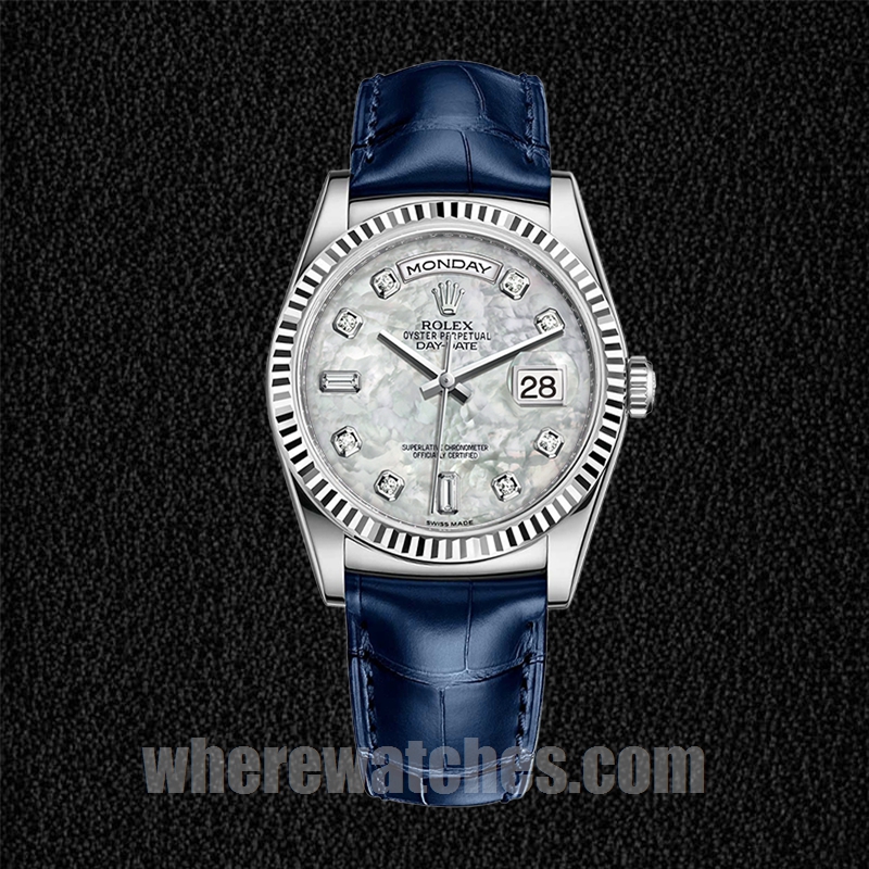 Rolex Day-Date 36mm m118139-0090 Pour des hommes Argenté Bracelet en cuir – Image 2
