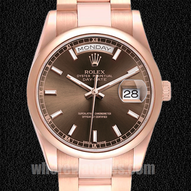 Rolex Day-Date Pour des hommes 118205 36mm Doré rose Cadran marron