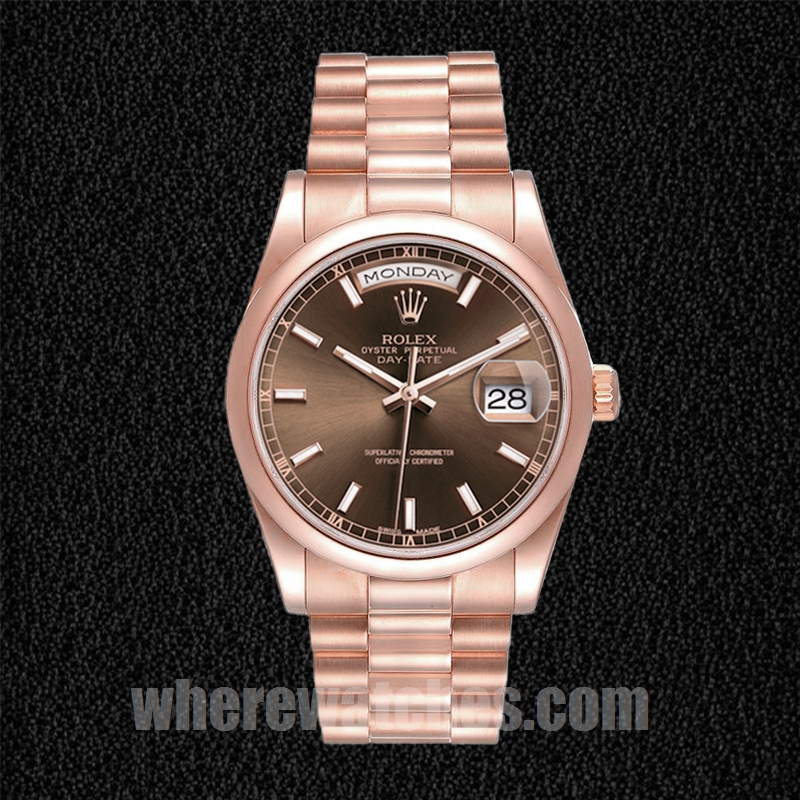 Rolex Day-Date Pour des hommes 118205 36mm Doré rose Cadran marron – Image 5