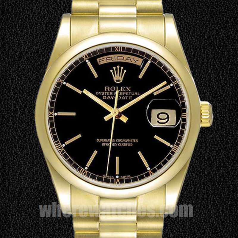 Rolex Day-Date 36mm 118208 Pour des hommes Ton d'or Cadran noir