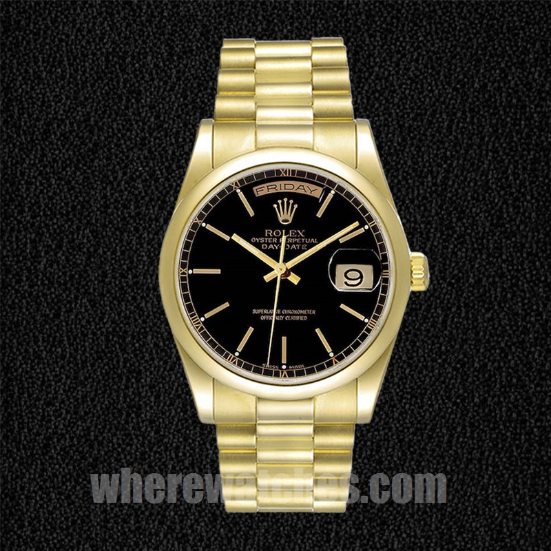 Rolex Day-Date 36mm 118208 Pour des hommes Ton d'or Cadran noir – Image 2