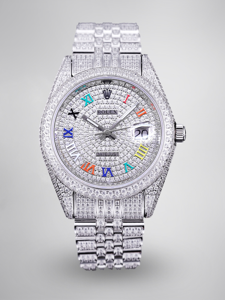 Montre Rolex Datejust Réplique 41 cristal de glace diamants colorés chiffres romains