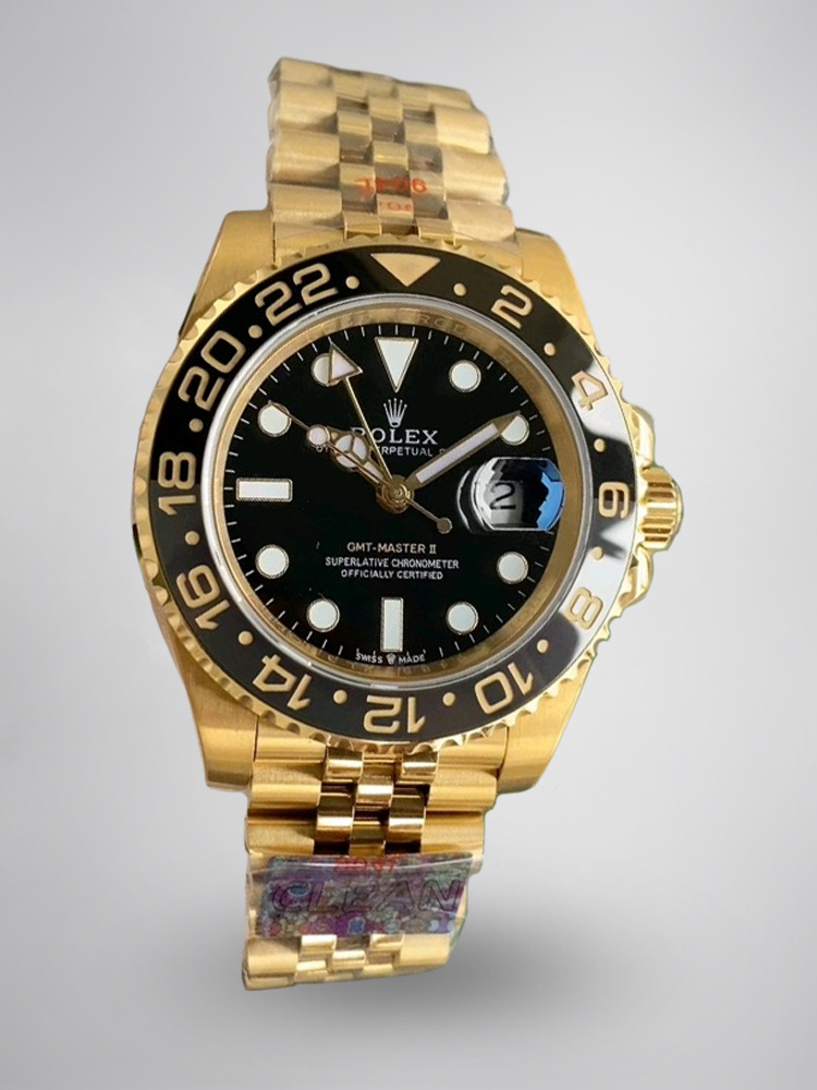 Montre Rolex GMT-Master II Réplique 40mm lunette en céramique or jaune cadran noir