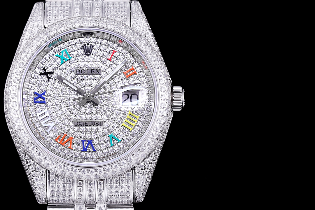 Montre Rolex Datejust Réplique 41 cristal de glace diamants colorés chiffres romains – Image 3