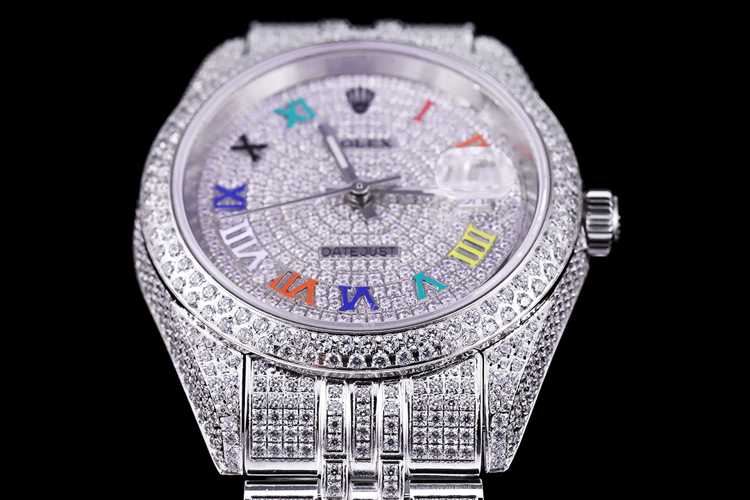 Montre Rolex Datejust Réplique 41 cristal de glace diamants colorés chiffres romains – Image 5
