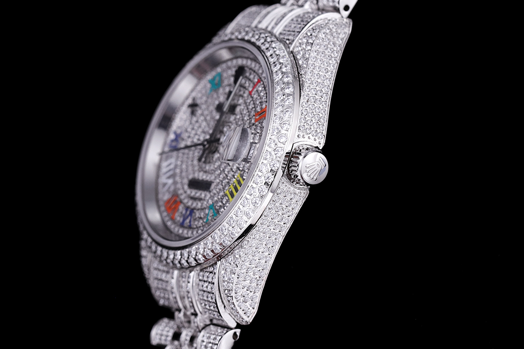 Montre Rolex Datejust Réplique 41 cristal de glace diamants colorés chiffres romains – Image 7