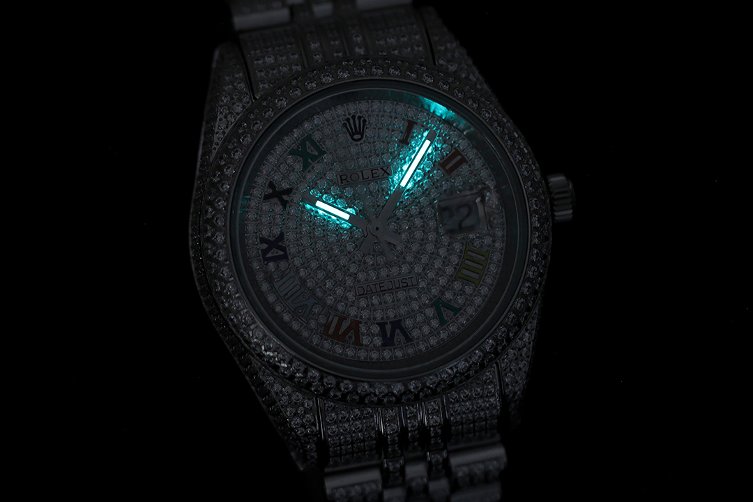 Montre Rolex Datejust Réplique 41 cristal de glace diamants colorés chiffres romains – Image 6