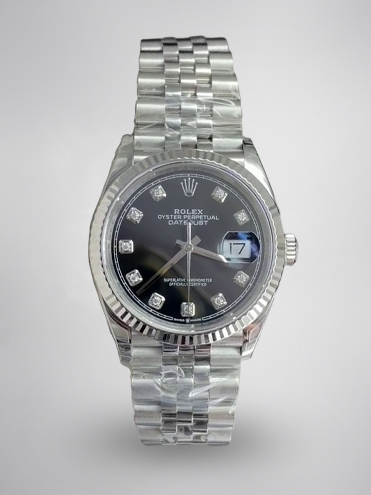 Montre Rolex Datejust Réplique 126234 36mm Blanc Baguette Diamants Cadran Noir