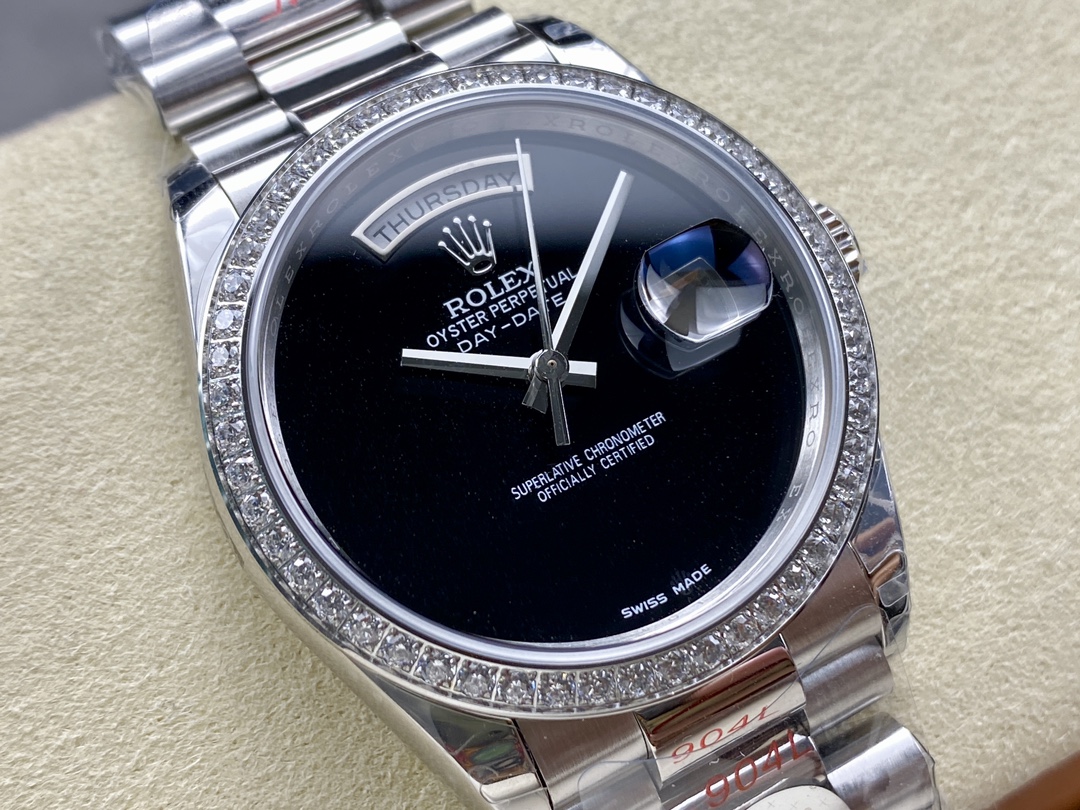 Swiss AAA Rolex Day-Date 18206 Réplique – Montre De Luxe 36mm Cadran Noir, Lunette Sertie De Diamants – Image 5