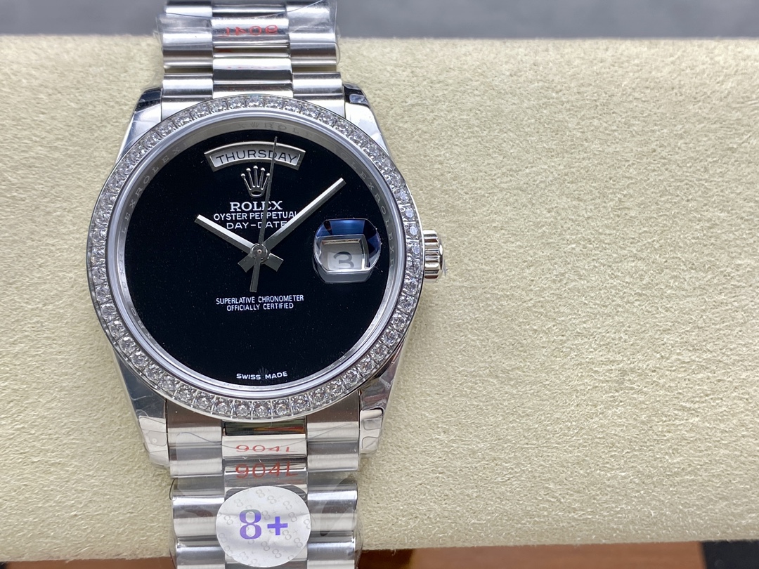 Swiss AAA Rolex Day-Date 18206 Réplique – Montre De Luxe 36mm Cadran Noir, Lunette Sertie De Diamants – Image 4