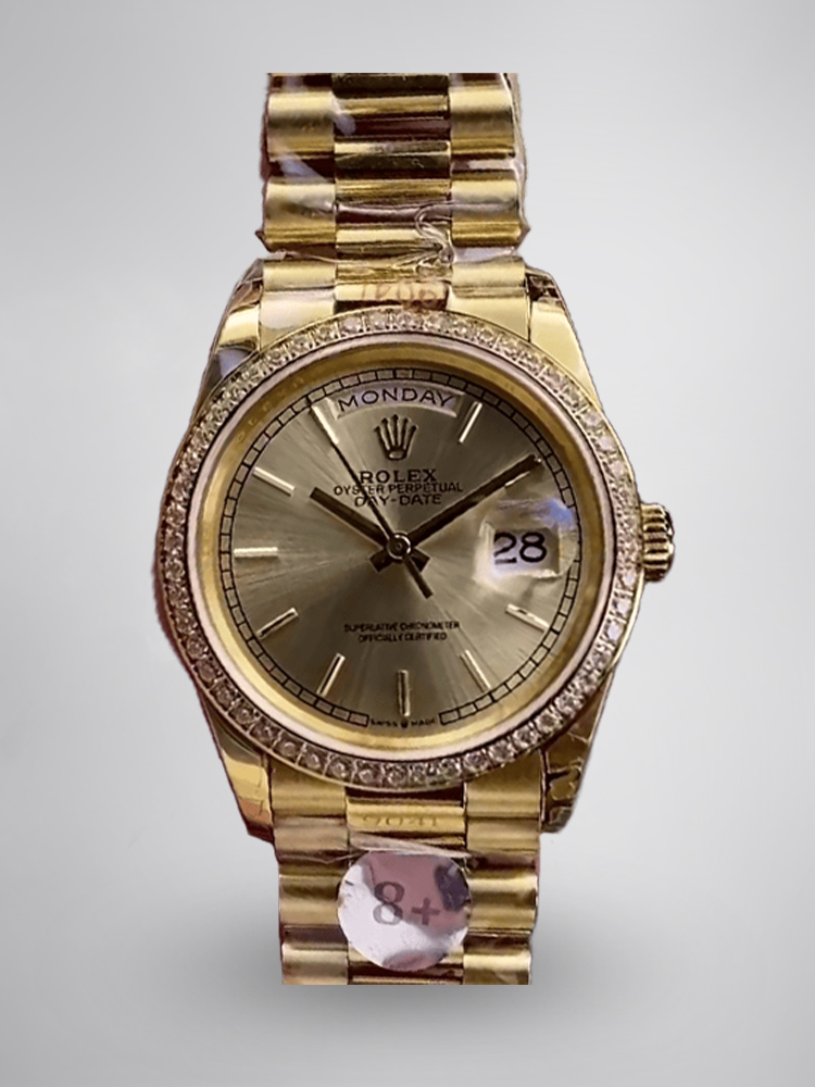 Montre Rolex Day-Date 118348 Réplique 36mm En Or Jaune Avec Lunette Diamants, Cadran Champagne Et Bracelet President