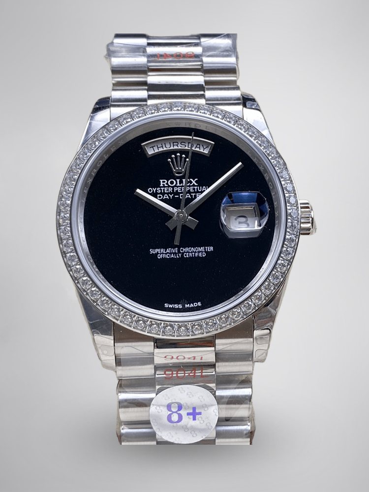 Swiss AAA Rolex Day-Date 18206 Réplique – Montre De Luxe 36mm Cadran Noir, Lunette Sertie De Diamants