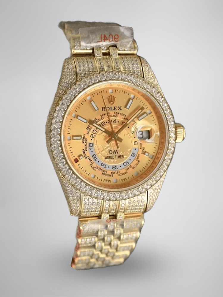 Rolex Sky-Dweller Réplique 42mm Cadran Champagne Arabe Iced Out Luxe Haute Qualité Montre Élégante et Brillante