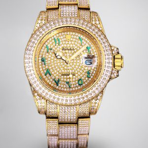 Rolex Submariner Réplique Swiss De Luxe – Cadran Pavé, Chiffres Arabes Orientaux, Boîtier Doré Et Serti De Diamants