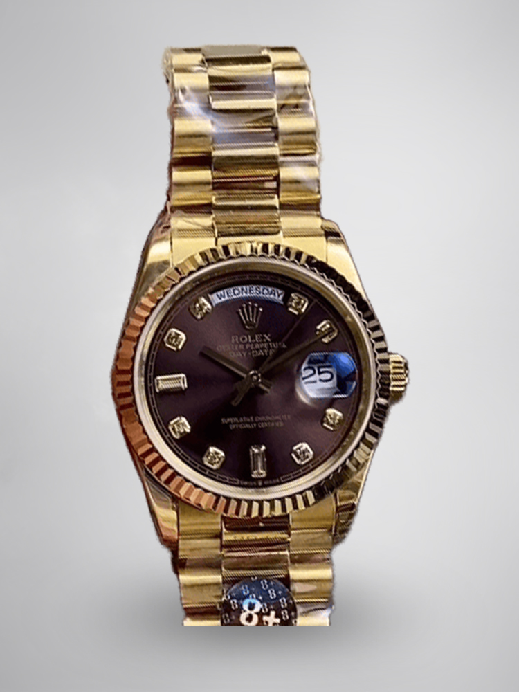 Swiss Rolex Day-Date 128238 Réplique Luxe 36mm | Cadran Chocolat & Diamants | Fluted Bezel