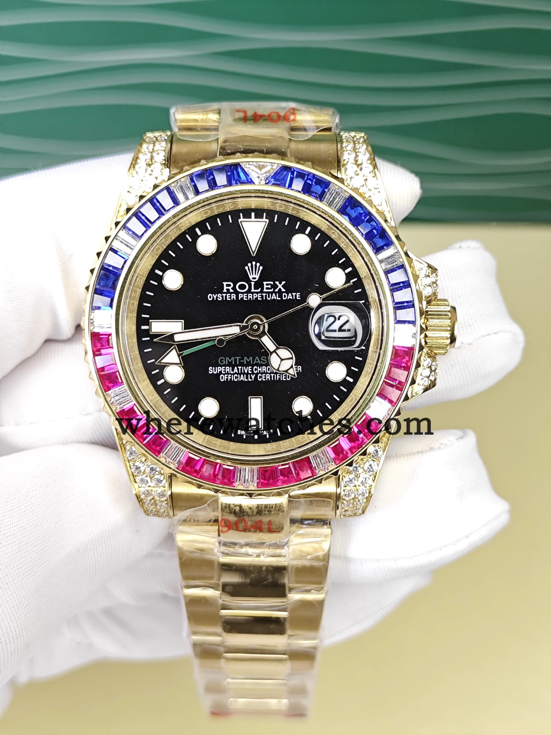 Montre Replica Watches GMT-Master II Style 40 mm – Lunette Sertie Multicolore, Acier 904L Plaqué Or 18K, Mouvement Automatique Suisse