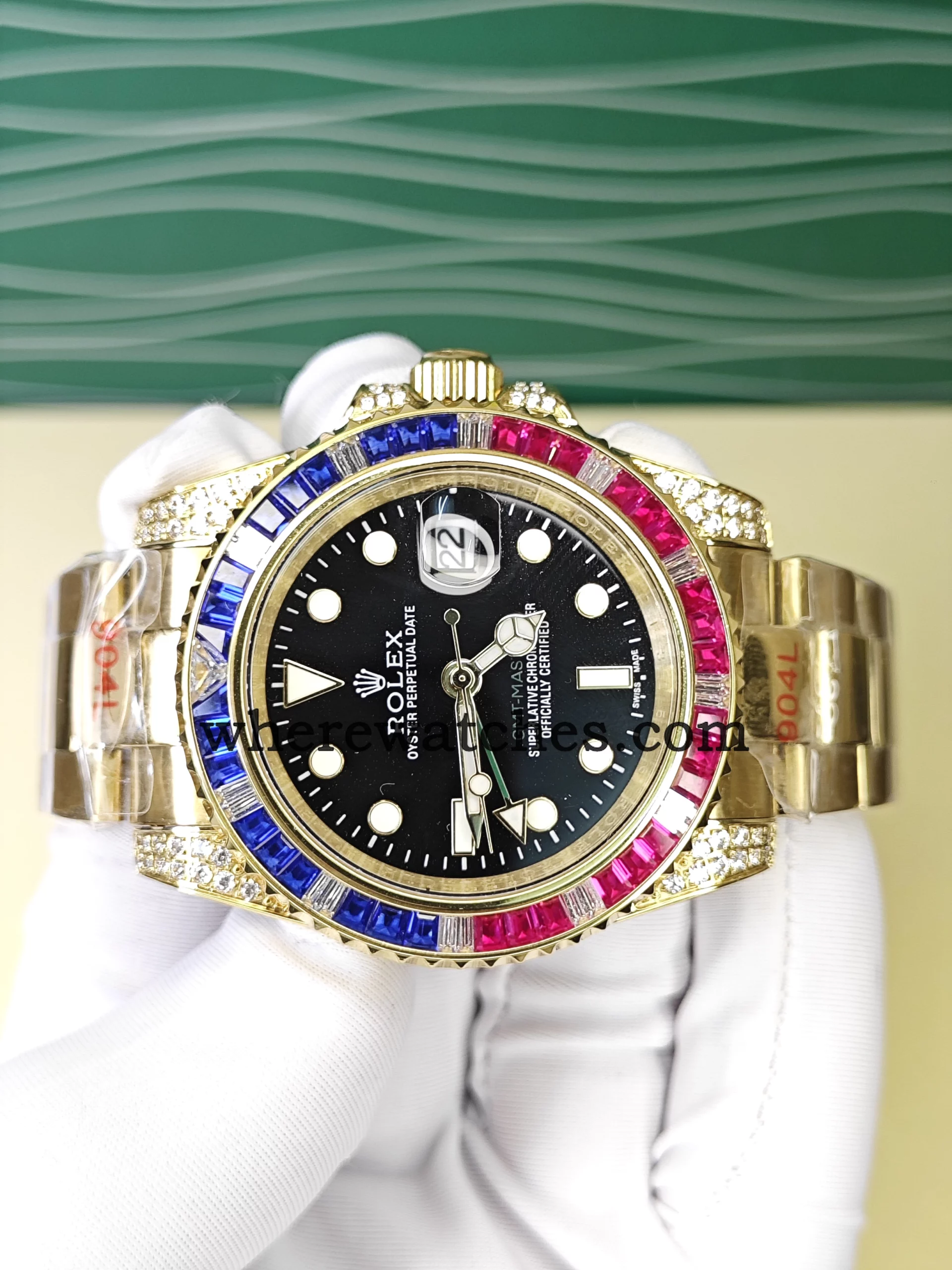 Montre Replica Watches GMT-Master II Style 40 mm – Lunette Sertie Multicolore, Acier 904L Plaqué Or 18K, Mouvement Automatique Suisse – Image 3