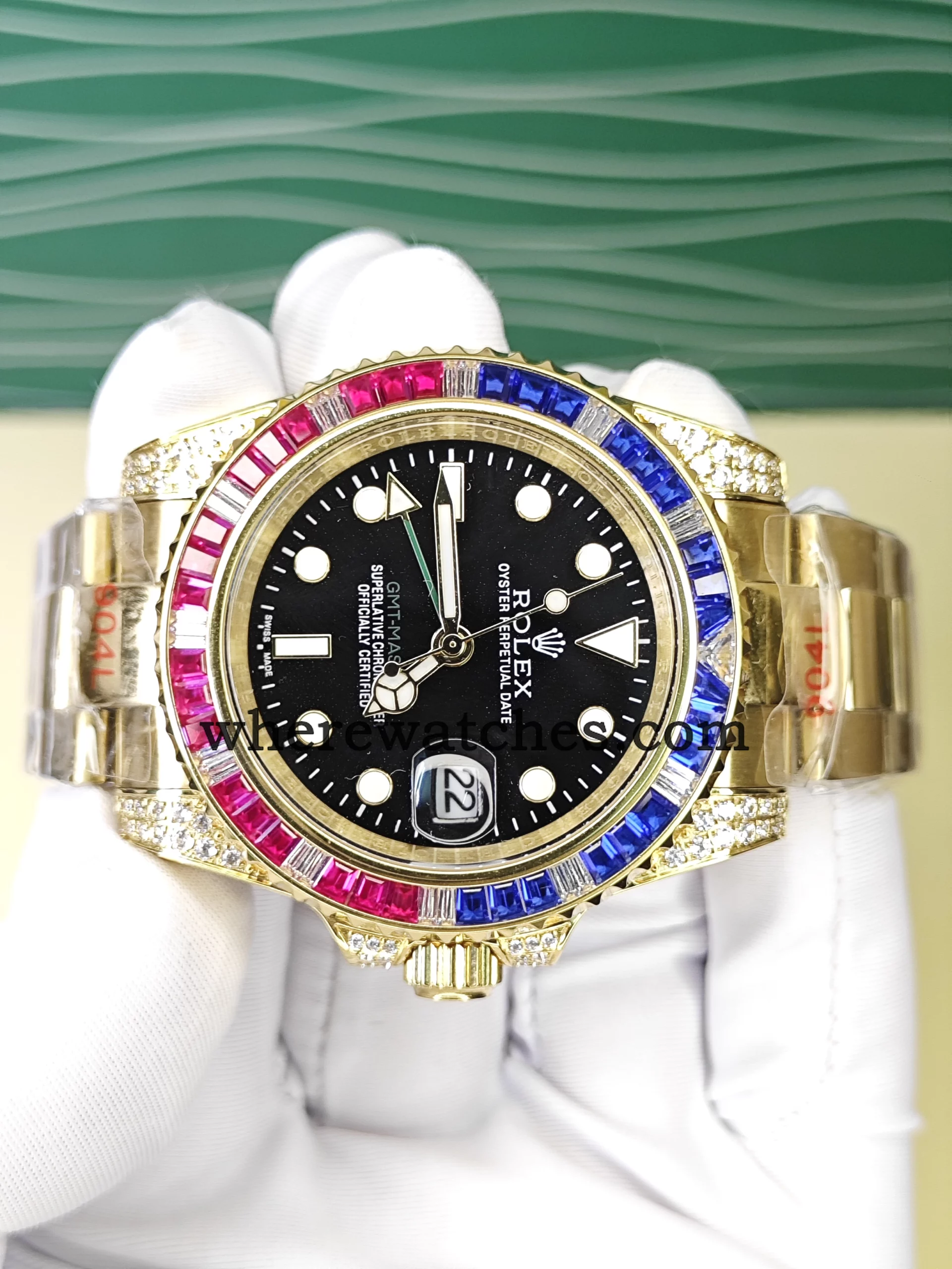 Montre Replica Watches GMT-Master II Style 40 mm – Lunette Sertie Multicolore, Acier 904L Plaqué Or 18K, Mouvement Automatique Suisse – Image 4