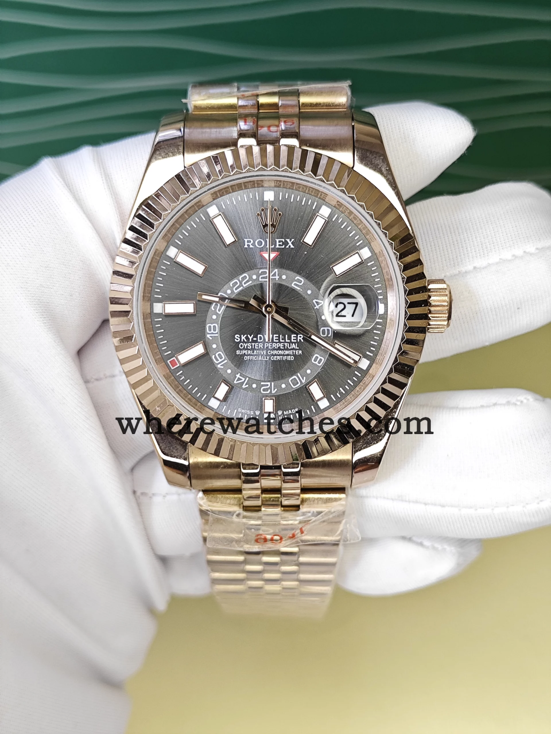 Replica Sky-Dweller 42mm cadran gris foncé acier 904L plaqué or rose – style Rolex 336935